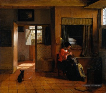 Intérieur avec une mère délousant ses cheveux d’enfant connu sous le nom deA Mères devoir genre Pieter de Hooch Peinture à l'huile